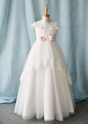 Cap Sleeves Ivory Lace Tulle Floor Length Flower Girl Dress